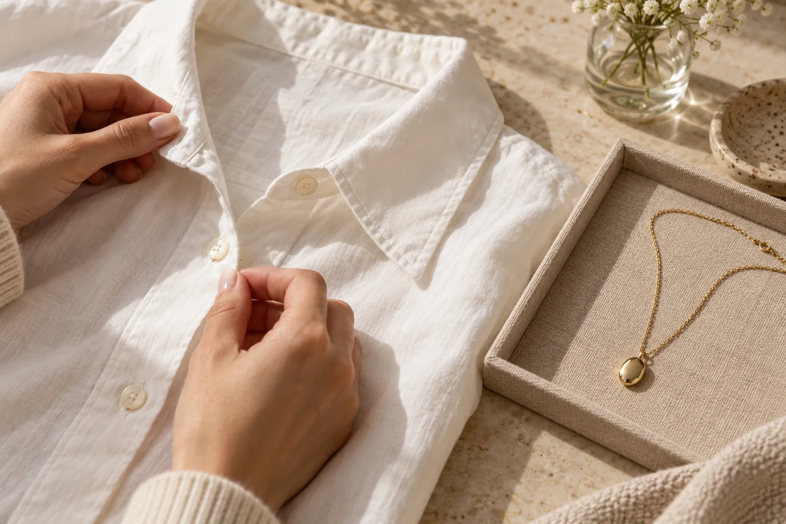 AI illustration of plain shirt buttons and an oval pendant on a separate lined tray