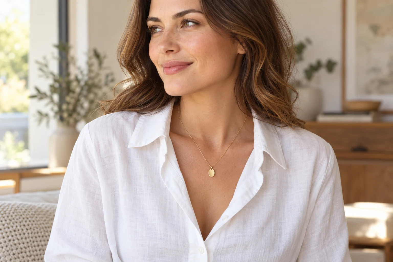 AI illustration of an adult wearing a small pendant inside an open shirt collar