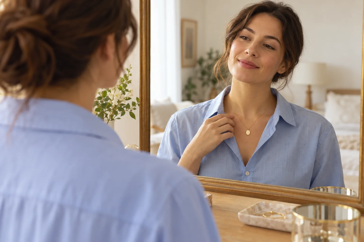 AI illustration of an adult checking a pendant resting within an open blue collar