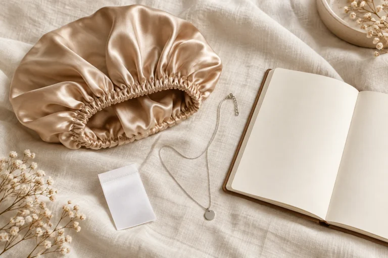 A small selection of generic silk and jewelry objects on a warm neutral surface