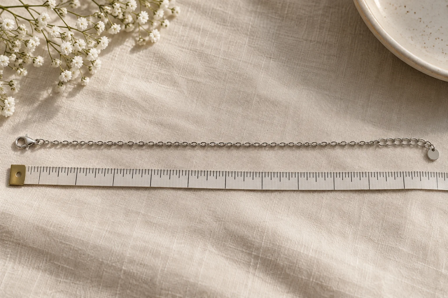 A generic necklace beside a measuring tape