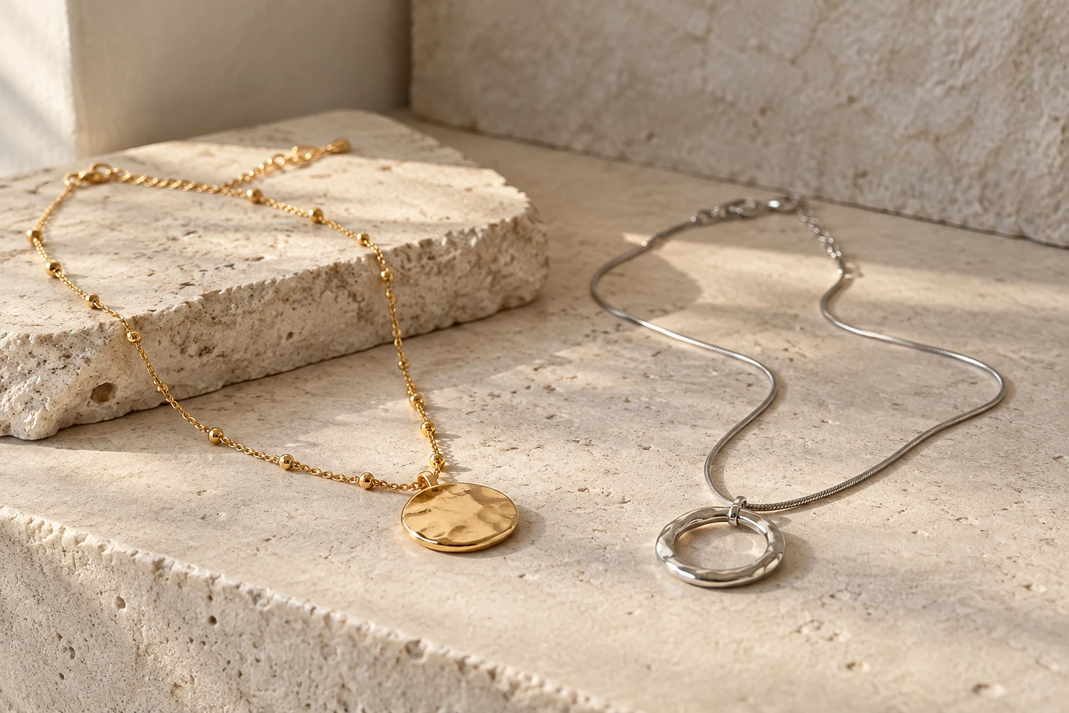 Generic gold-tone and silver-tone necklaces on plain fabric