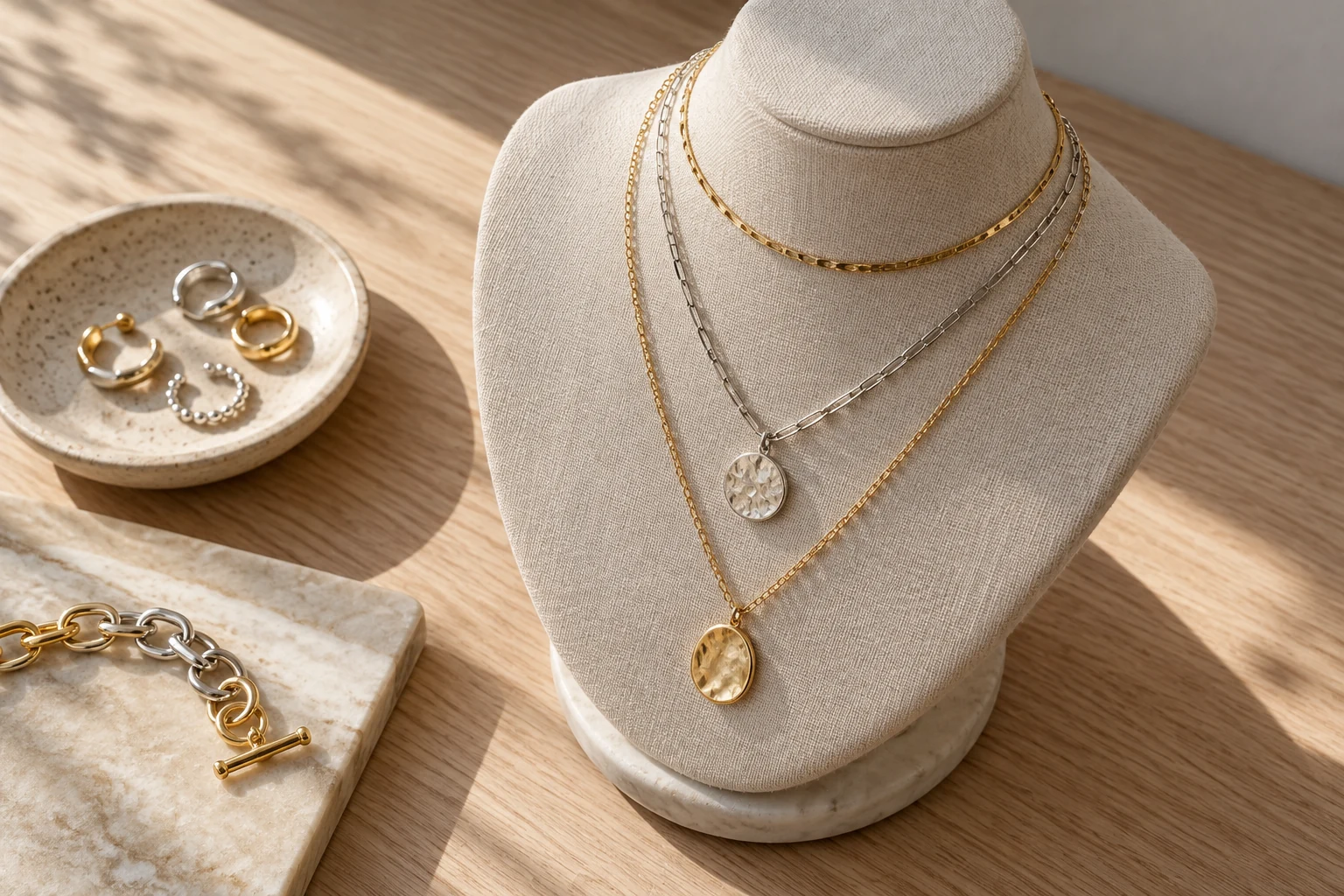 Generic necklaces spaced apart on a display bust