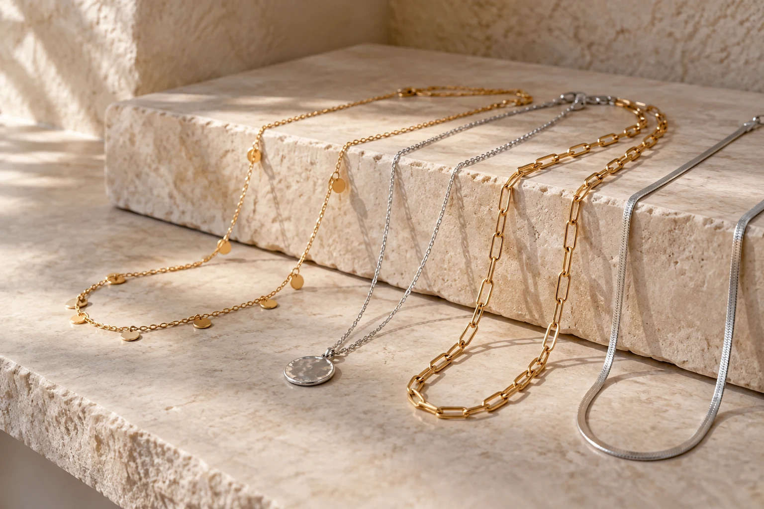Generic gold-tone and silver-tone necklaces arranged separately