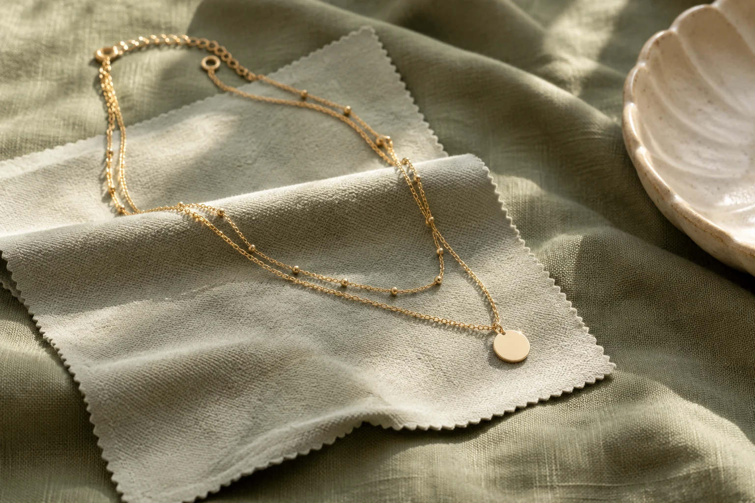 A generic necklace on a soft care cloth