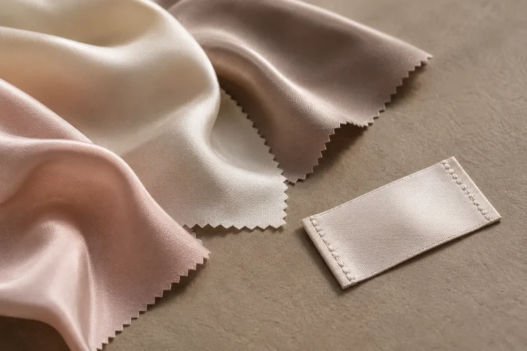 Fabric swatches beside a plain sewn label