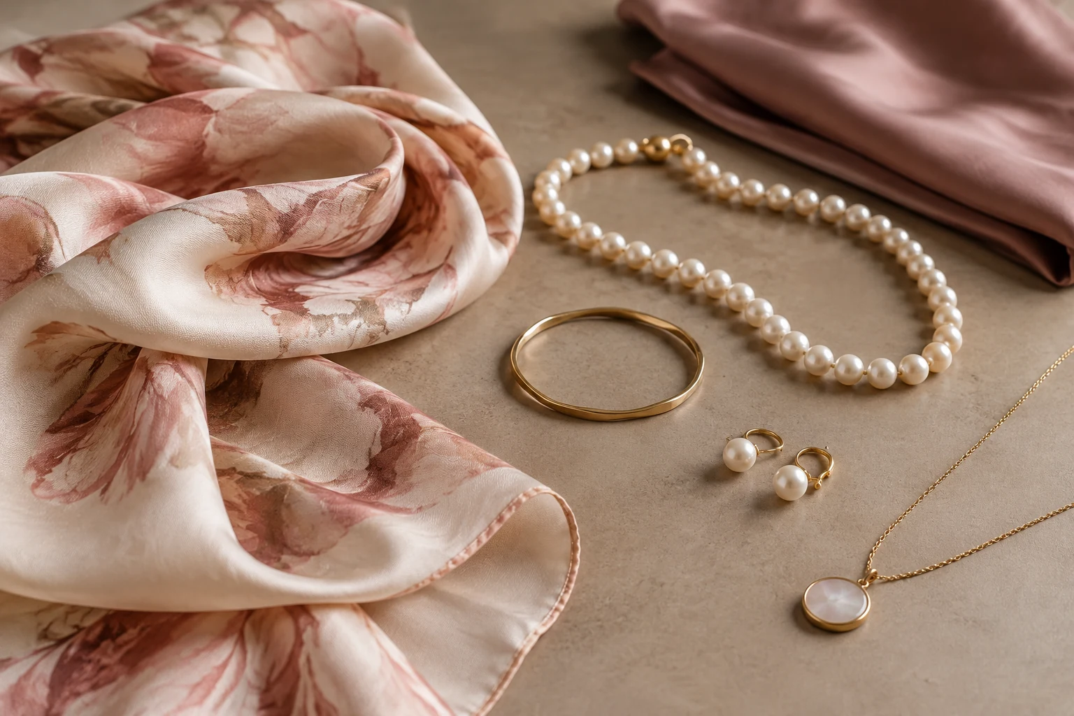 A small group of generic silk and jewelry pieces arranged on neutral cloth