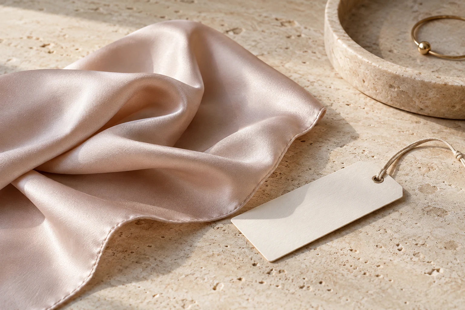 A generic smooth fabric swatch beside a plain blank label