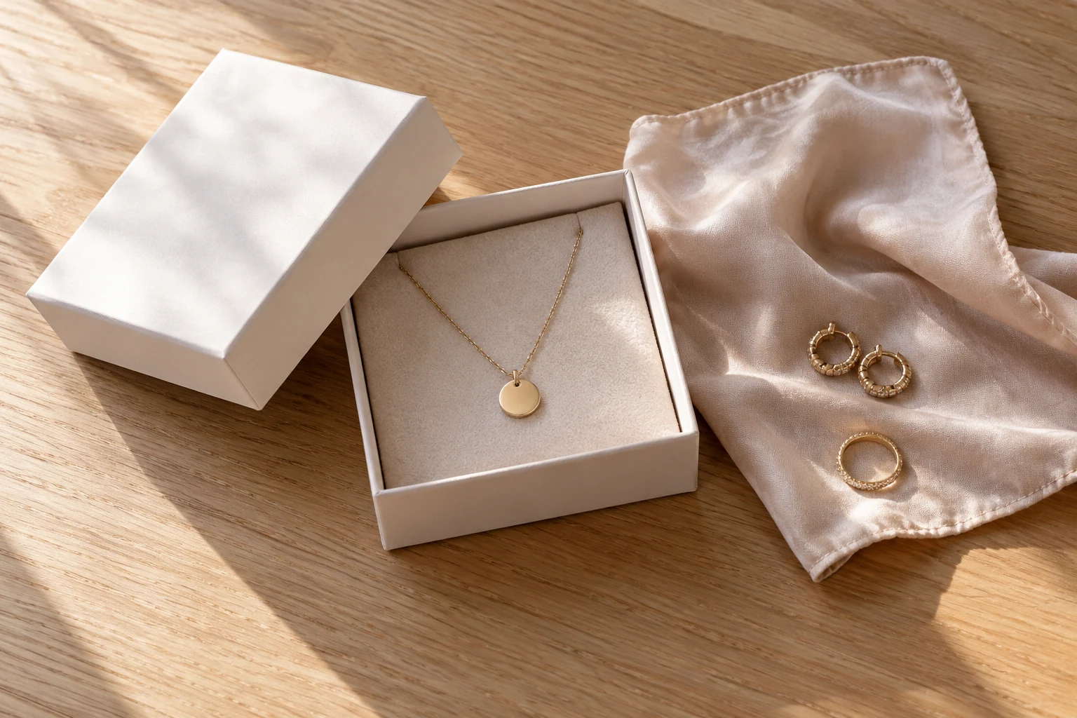 Generic jewelry beside a plain box and soft cloth