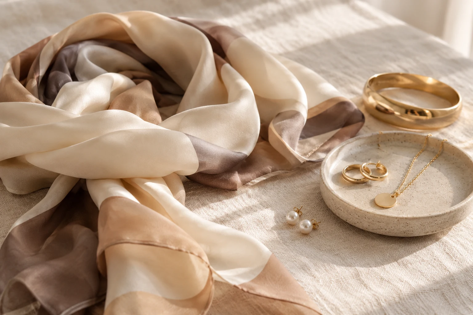 A small group of generic everyday silk and jewelry pieces