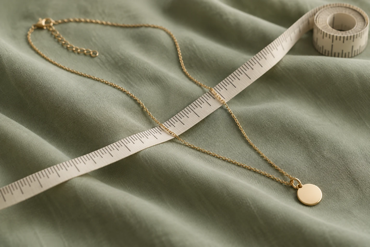 A generic necklace beside a measuring tape