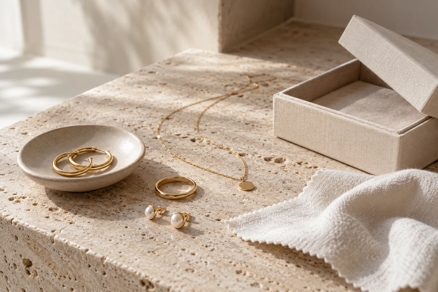 Generic jewelry beside a soft dry cloth and simple box