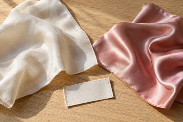 Two fabric swatches beside a blank sewn label