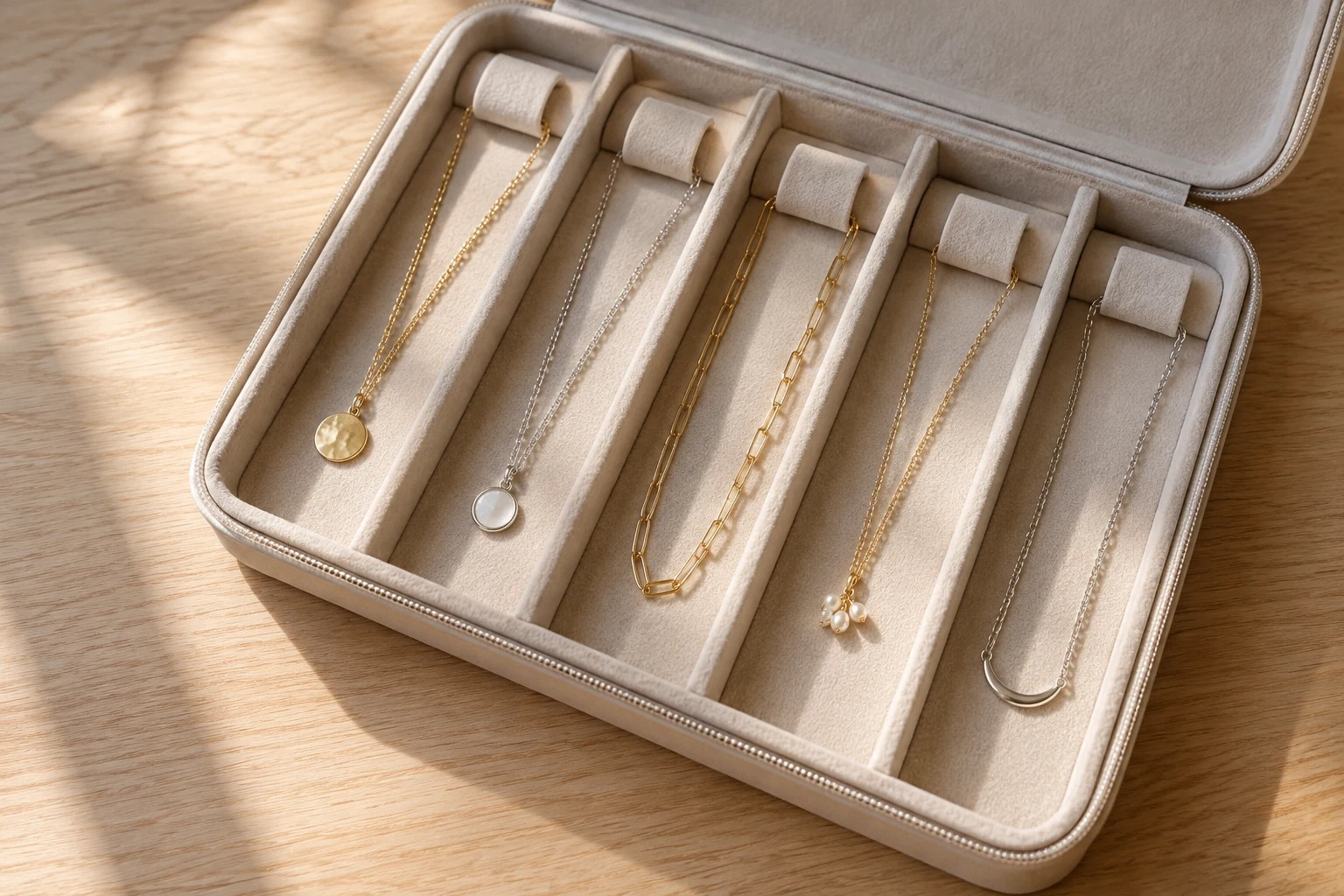 Generic necklaces stored apart in a padded case